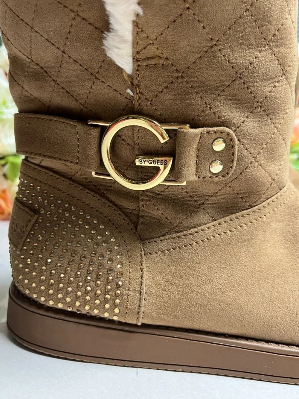 G by Guess Tan Faux Fur Quilted Boots Rhinestone Buckle Size M8